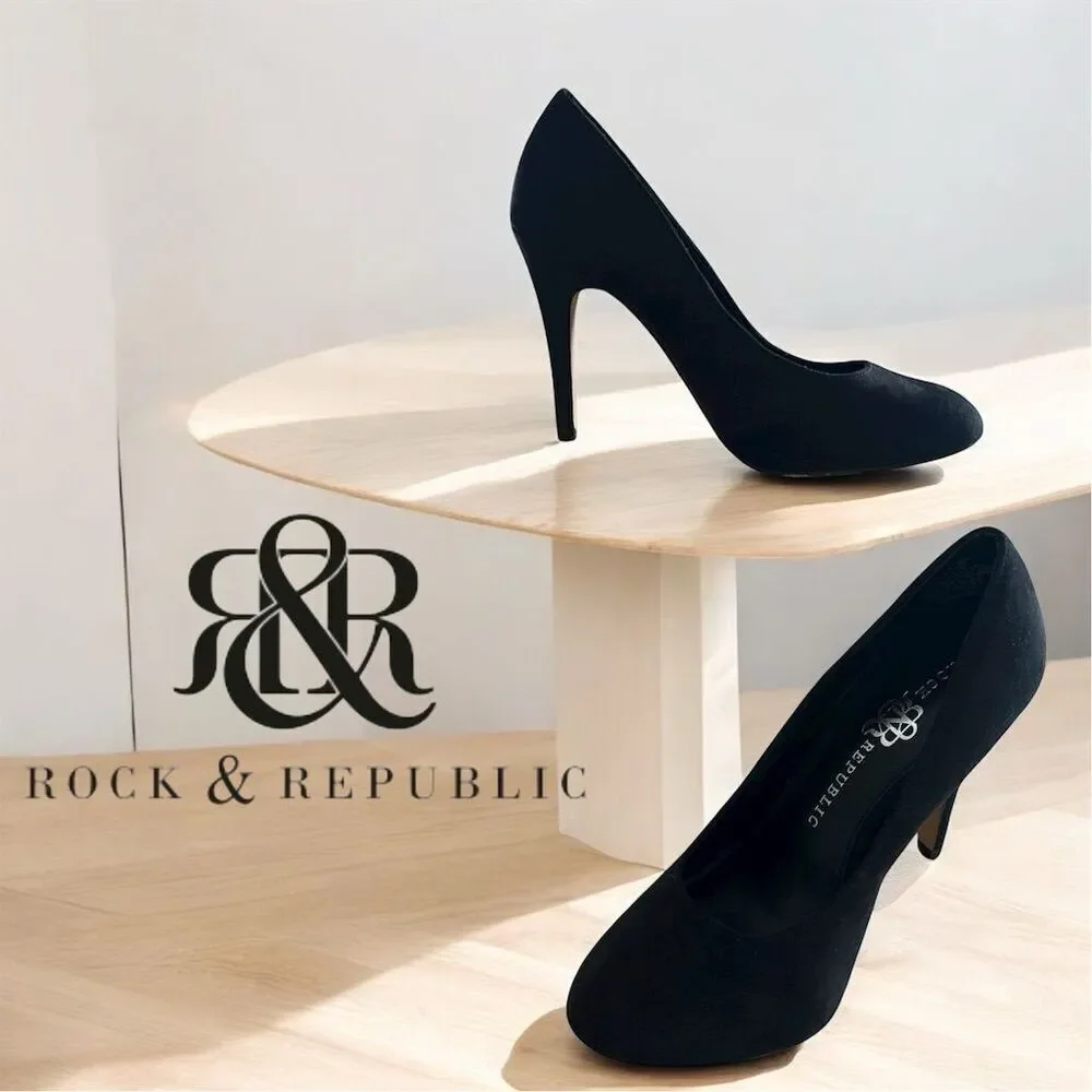 Rock & Republic Women's Black Faux Suede Gwen Stiletto Pumps Almond Toe Heel